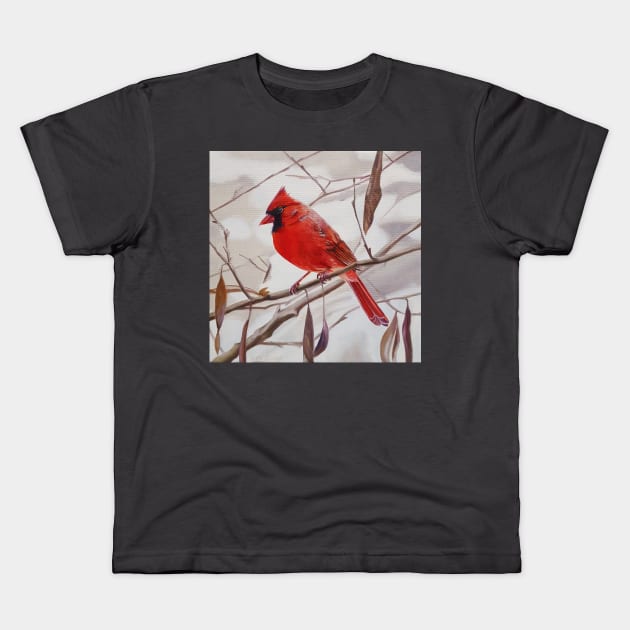 Northern Cardinal with Leaves painting Kids T-Shirt by EmilyBickell